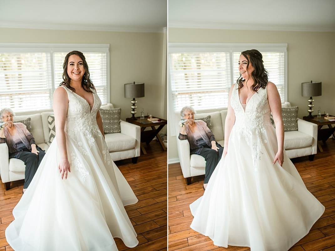 Mother of the Bride helping bride get dressed at Avon Acres