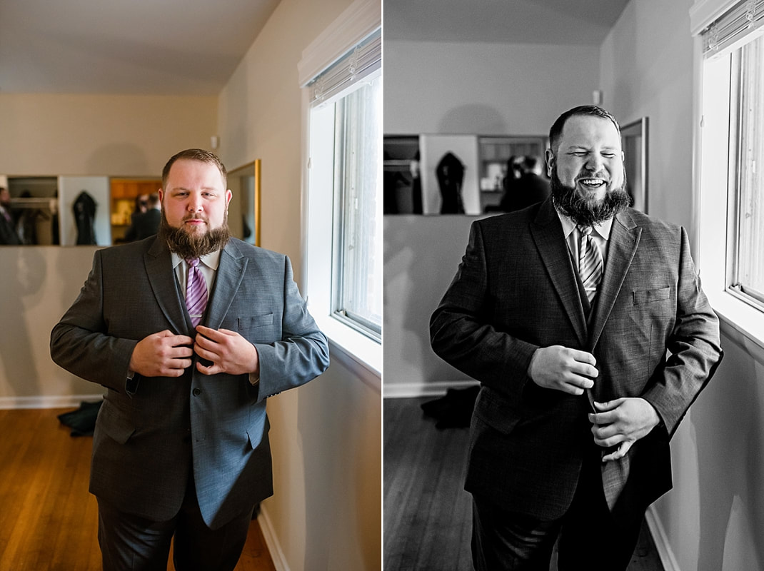 Groomsmen helping groom get ready at Avon Acres