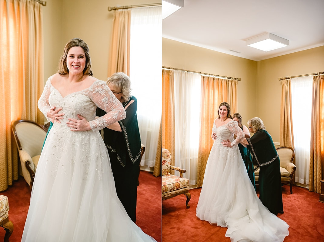 Bride getting into her wedding gown in Collierville, TN