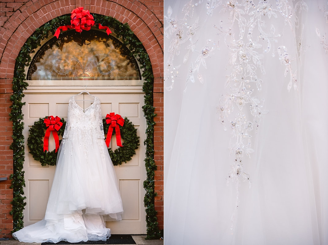 Wedding gown hanging on the doors of CUMC Town Square in Collierville, TN