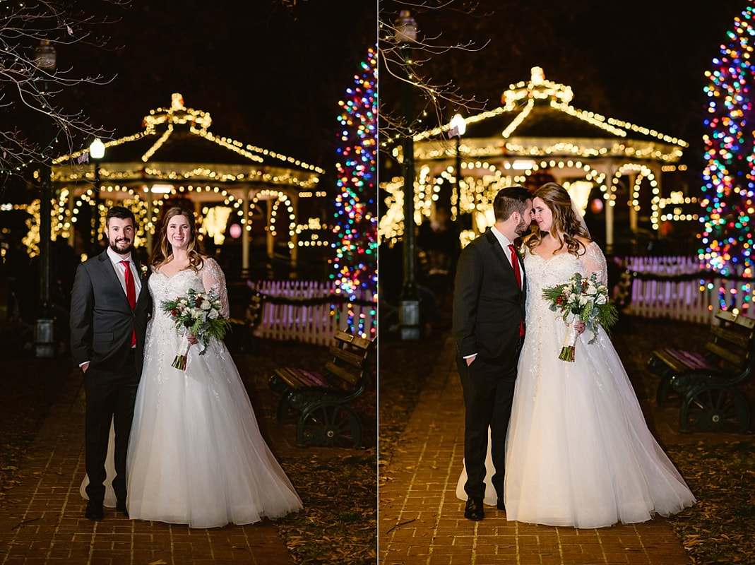 Bride and Groom at the Collierville Town Square in front of the Christmas lights for Christmas wedding portraits