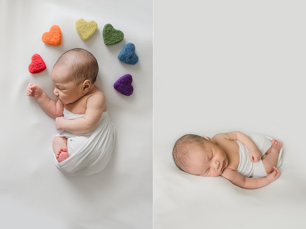 rainbow baby photo, newborn baby boy wrapped in white with rainbow hearts for newborn photo shoot in memphis tn