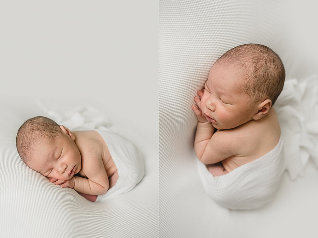 cute newborn baby boy wrapped in white for newborn photo shoot in memphis