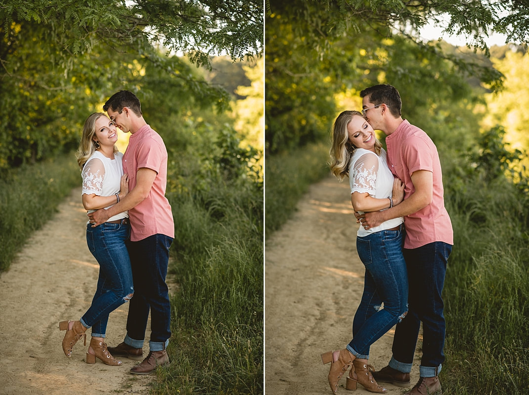 couple posing for engagement photos at shelby farms park in memphis, tn