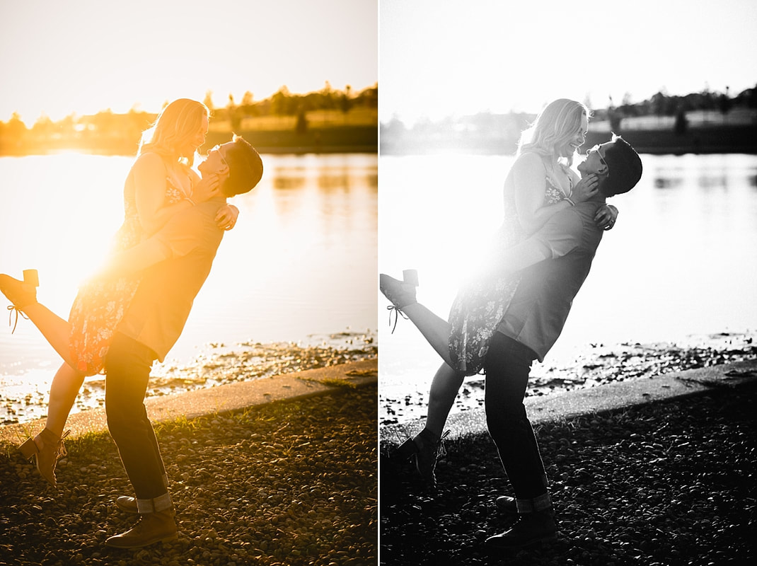 couple posing for engagement photos by the lake at shelby farms park in memphis, tn