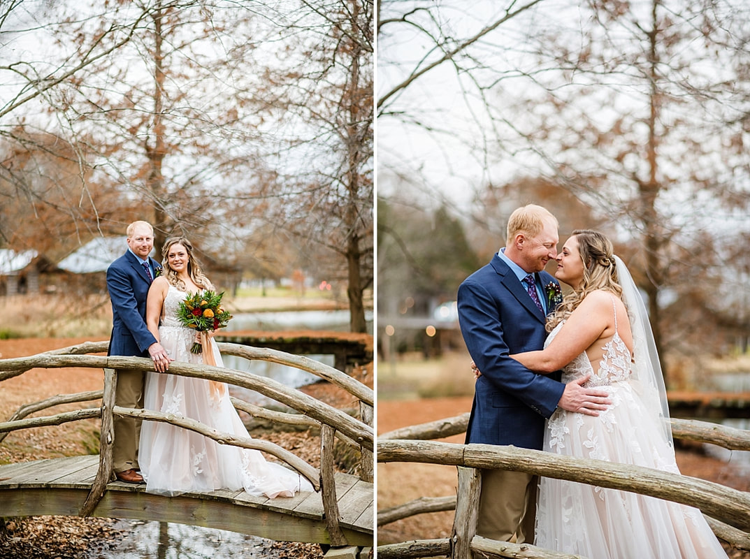 Bride and Groom wedding portraits on old rustic bridge at Green Frog Farm