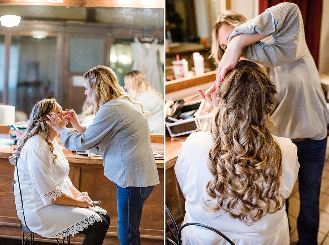 bride having her makeup done before wedding at green frog farm