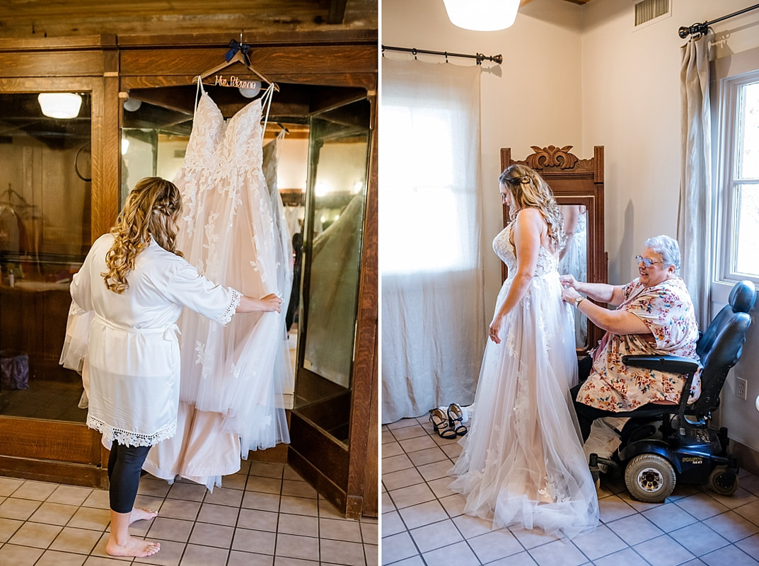 bride's mother helping bride into her wedding dress at Green Frog Farm