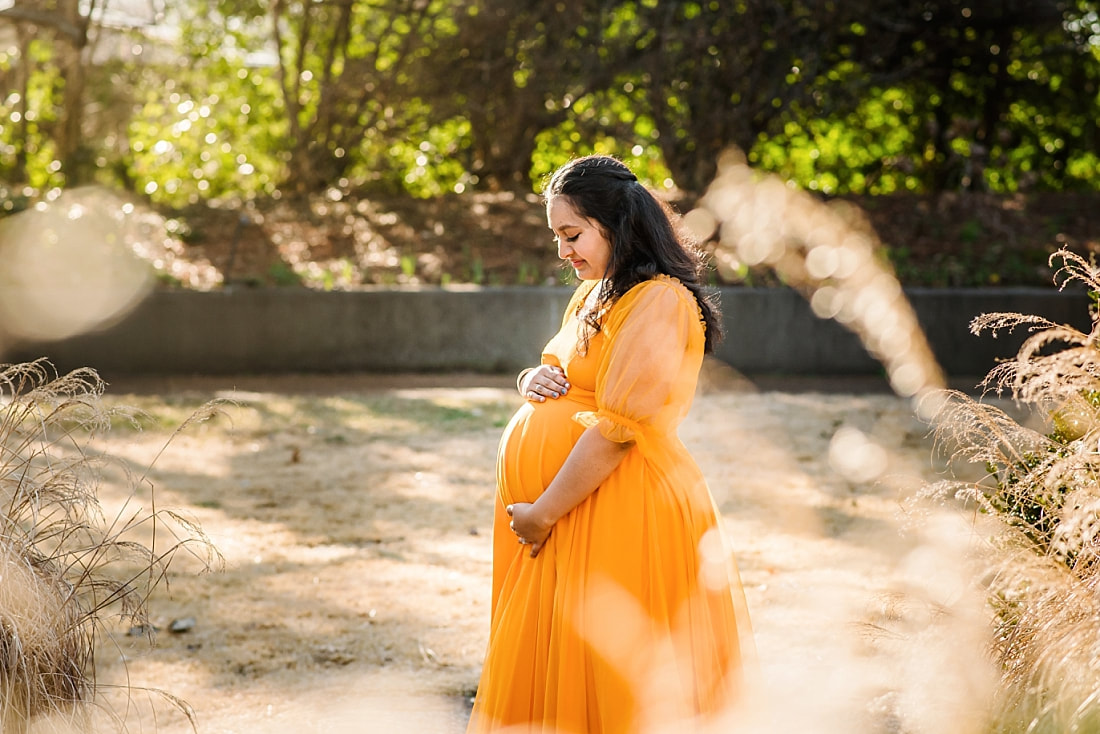 beautiful pregnant mother looks down at her belly at memphis botanic garden