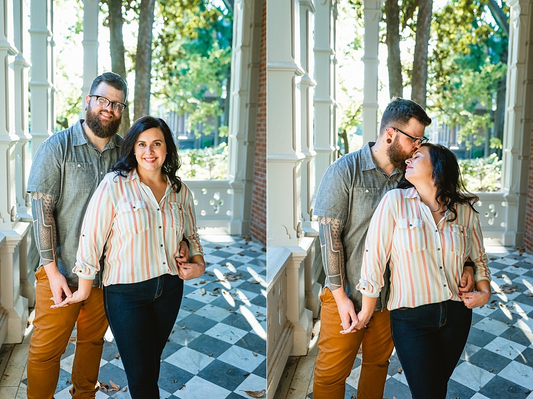 engagement photos on the front porch at Woodruff-Fontaine house in Memphis