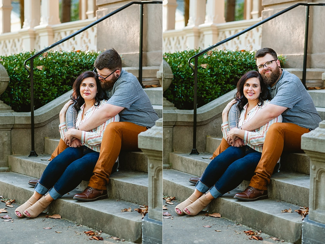 engagement photos on the front steps of the historic Woodruff-Fontaine House in Memphis