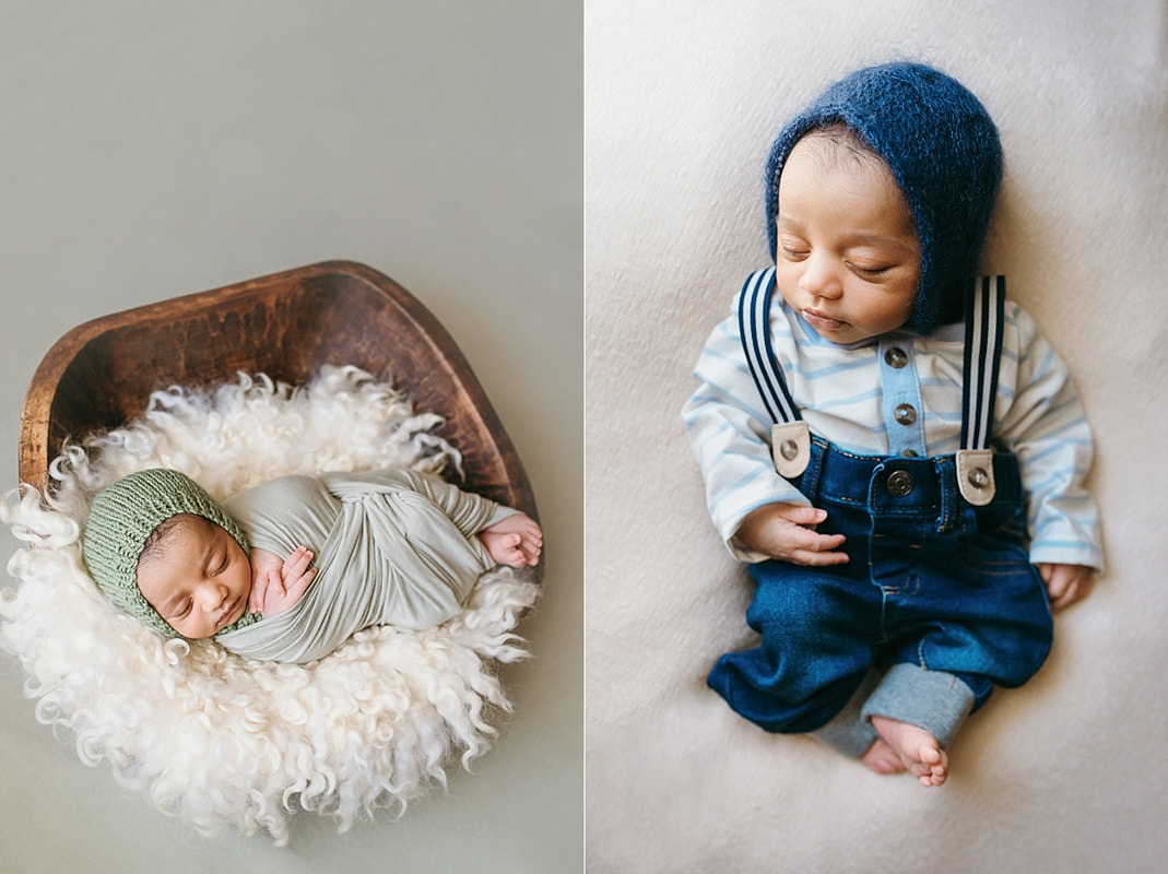 newborn baby boy wearing green knit bonnet wrapped in green blanket for newborn photos in memphis