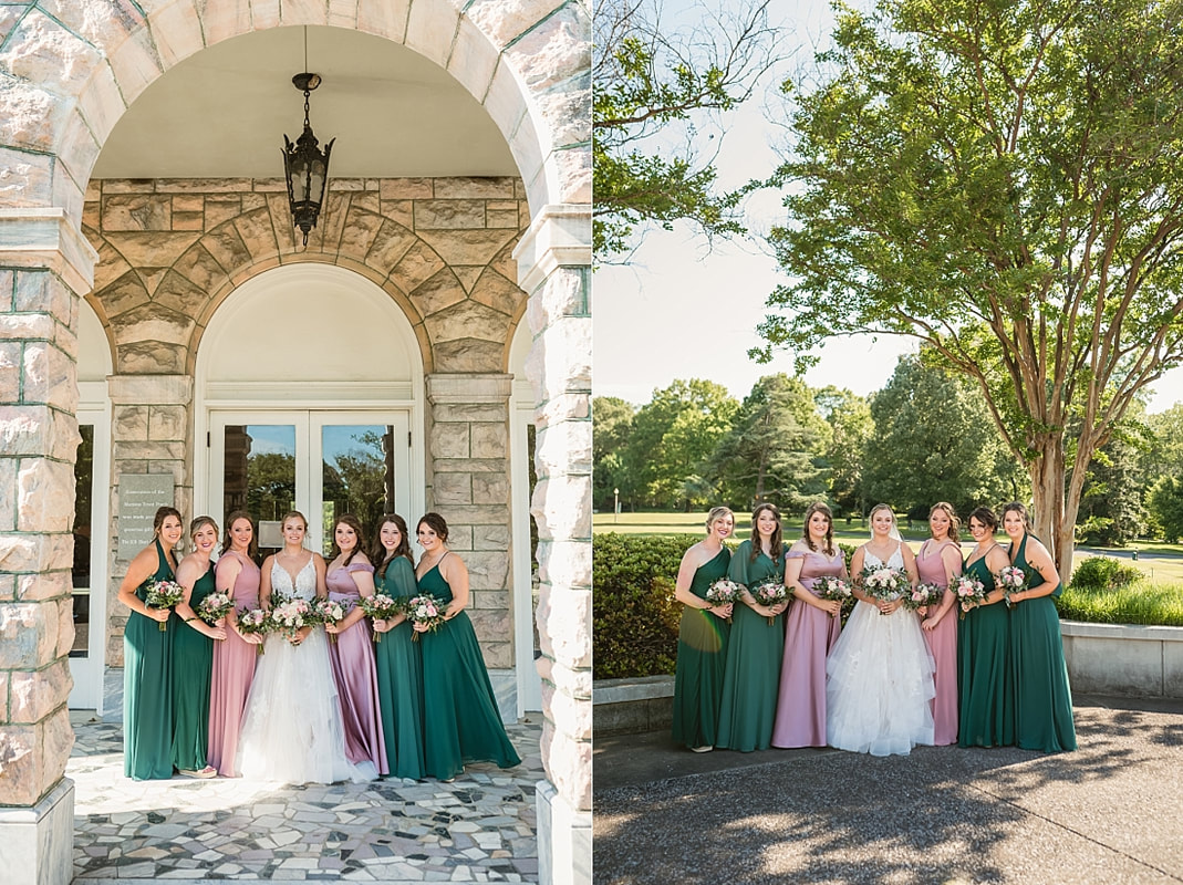 bride with bridesmaids + Pink Palace Wedding + Memphis, TN