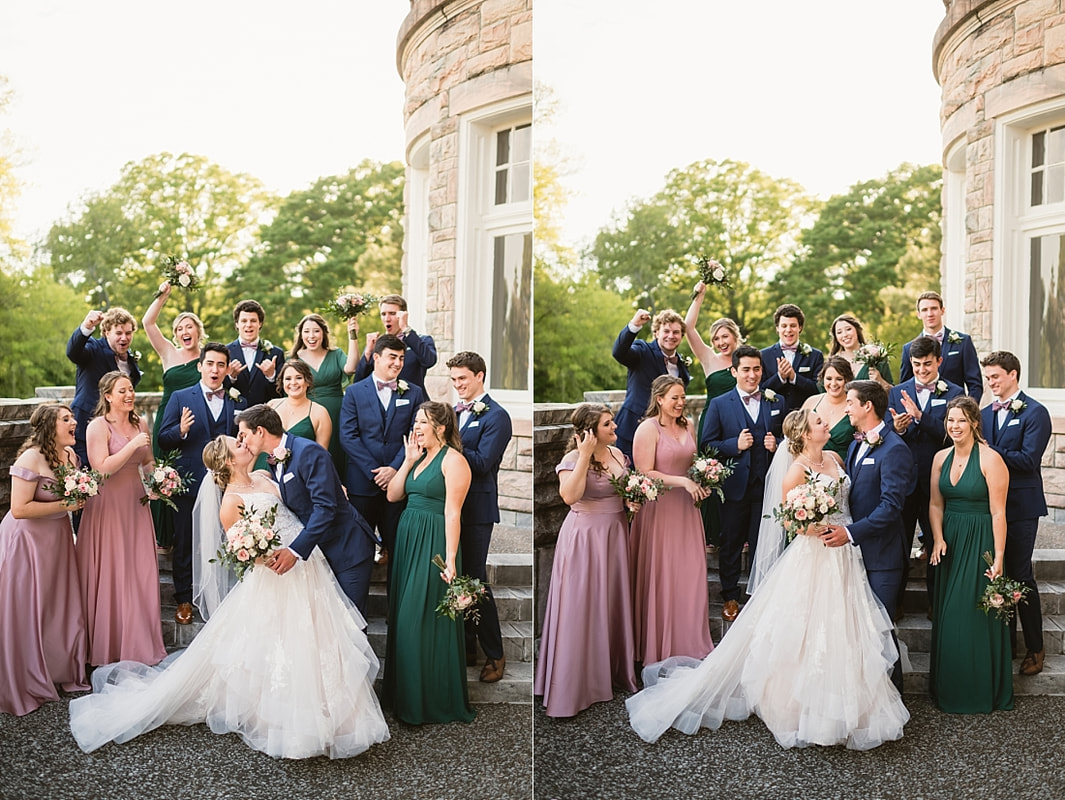 wedding party cheering as bride and groom kiss + Pink Palace Wedding + Memphis, TN