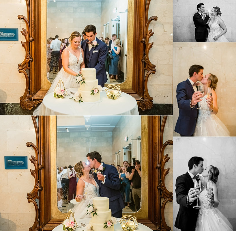 cutting the cake at wedding reception + Pink Palace Wedding + Memphis, TN